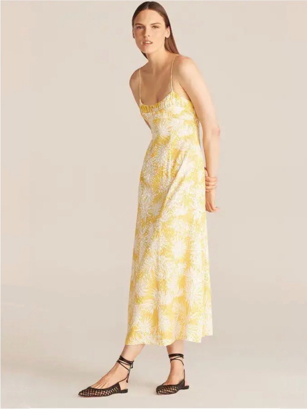 Rebecca Taylor Palmetto Fleur Ruched Long Dress Slip Maxi Jacquard Yellow 6